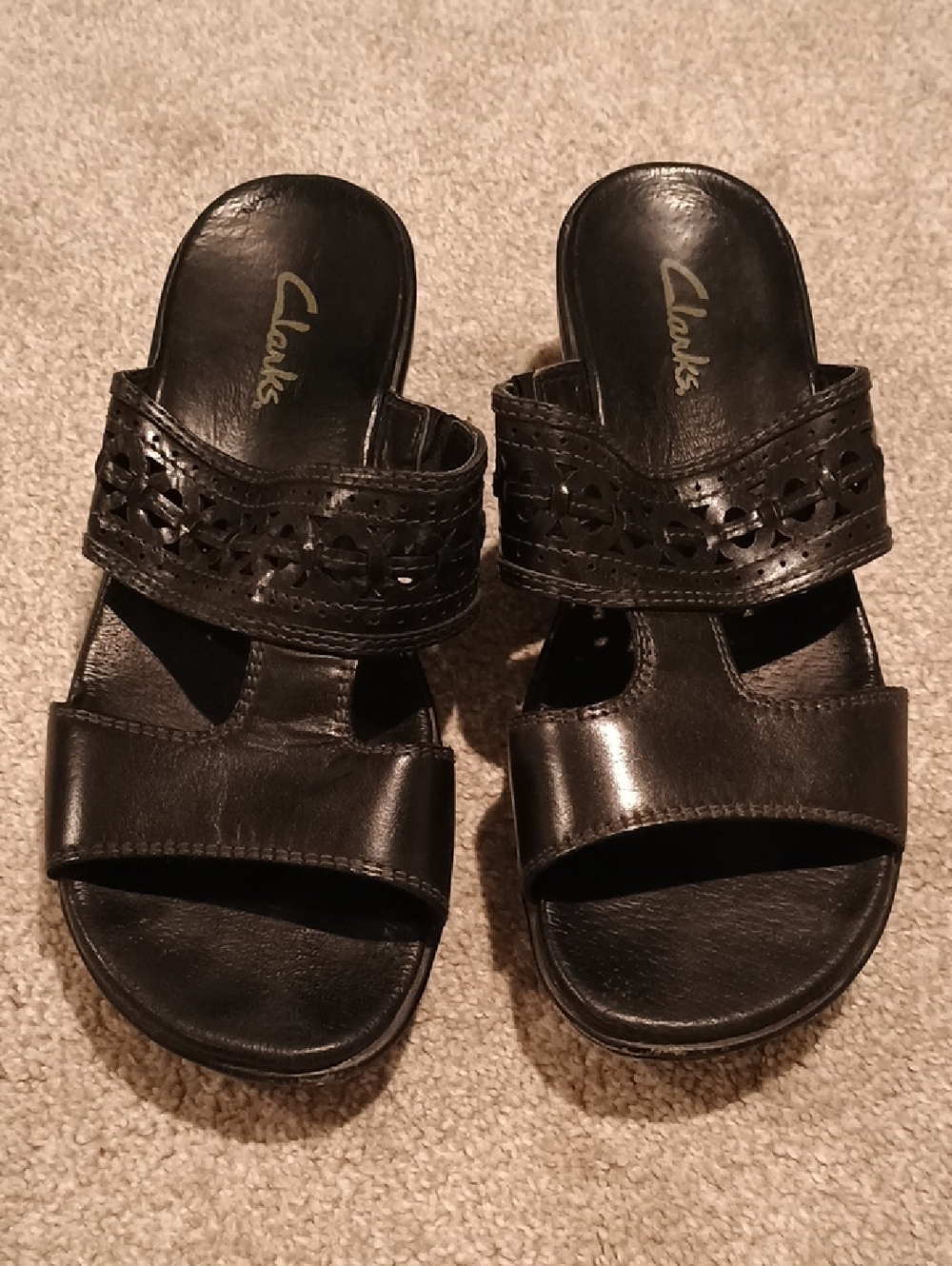 Clarks Black Leather Double-Strap Slide Sandals